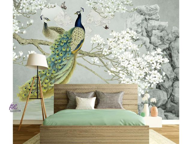 Lot 56-159951 - NEW Eierme-Flower Pattern Peacock Illustration Wallpaper Mural 103” x 69”
