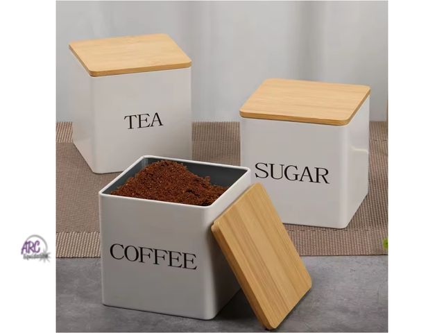 Lot 56-392913 - New,3pcs/Set Tea Coffee Sugar Canisters Bamboo Lid Iron Tea Cans, Small