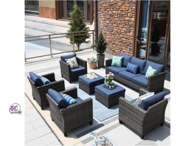 Lot 56-555342 - NEW IN BOX-3 BOXES-OVIOS Vultros  7-Piece Wicker Outdoor Patio Conversation Seating Set with Blue Cu...