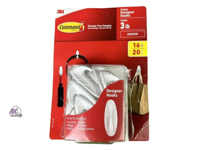Lot 56-524540 - OPEN BOX-3M Command Indoor Medium Designer Hanging Hooks, ~16 Hooks &amp; 20 Strips