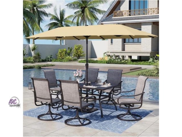 Lot 56-705567 - New in box. Retail $938. Black 8-Piece Metal Rectangle Patio Outdoor Dining Set with Slat Table and ...