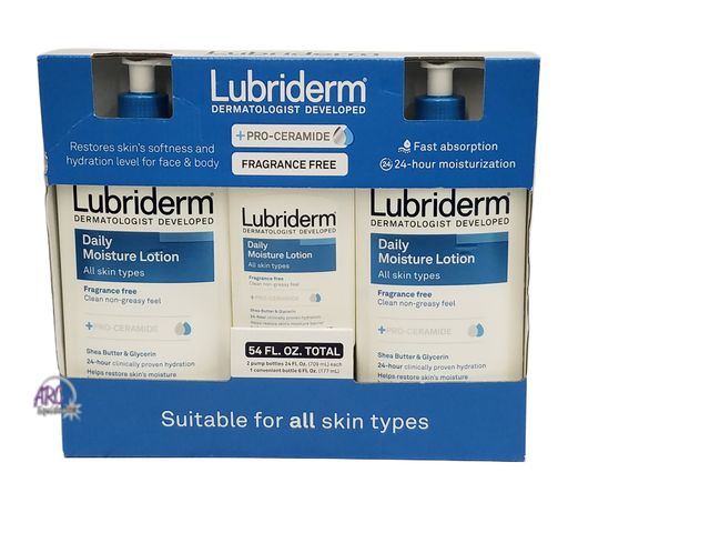 Lot 56-407356 - New - 3-Pack - (2 24oz &amp; 1 6oz Bottles) - Lubriderm Daily Moisture Lotion Fragrance Free