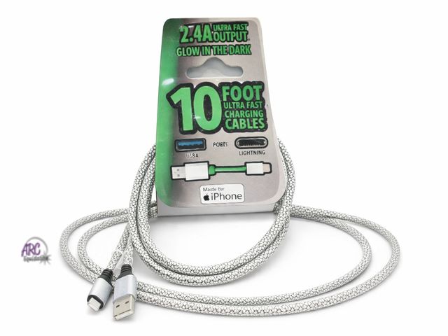 Lot 56-314150 - NEW 10FT iPhone Lightning Charging Cable – Fast Charge (2.4A), Glow in Dark, Durable Braided Cord. E...