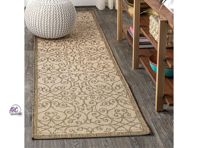 Lot 56-259023 - NEW OPEN PACKAGE JONATHAN Y Vintage Filigree Indoor Outdoor Runner Rug 2X8 Beige/Brown, Madrid Textu...