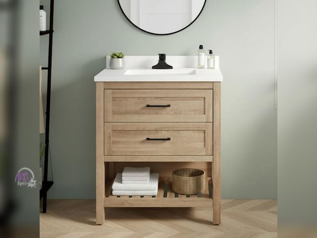 Lot 56-759261 - New in box. Retail $459 Autumn 30 in. Single Sink Freestanding Weathered Tan Bath Vanity with White ...