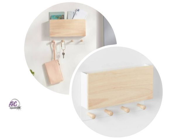 Lot 56-462311 - New Matte White/Light Wood Mail Holder with Hooks Wall Mounted Decorative Hook Rack, 4 Hooks