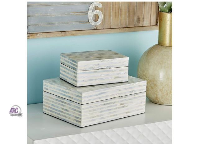 Lot 56-186217 - New Deco 79 Mother of Pearl Shell Handmade Decorative Box Decorative Keepsake Box with Linear Mosaic...