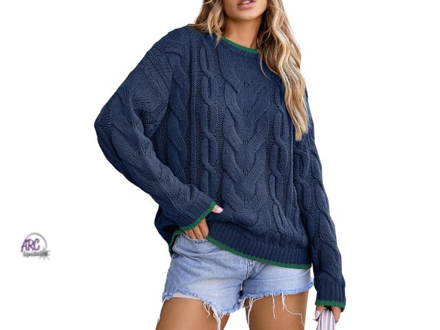 Lot 56-350123 - New size large, EVALESS Sweaters Crewneck Color Block Sweater Tops Chunky Cable Knit Pullover Sweate...