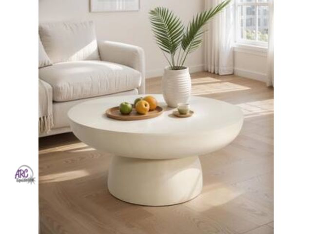 Lot 56-284051 - Abram Modern Patio Cream Off-White Round Concrete Outdoor Coffee Table, Magnesium Oxide(MGO)