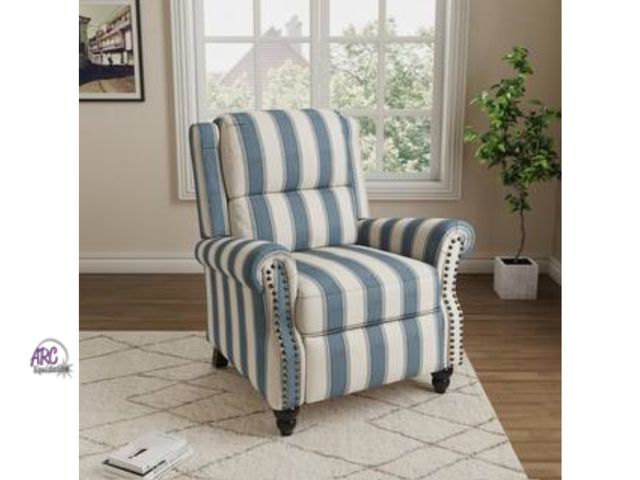 Lot 56-285052 - Used Dark Blue Striped Linen Nailhead Trim Upholstered Recliner Chair with Adjustable Footrest (Set ...