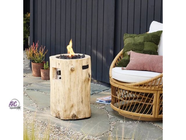 Lot 56-788413 - New in box. Stump like Large LP Round Outdoor Column Fire Pit Weathered/Natural Finish