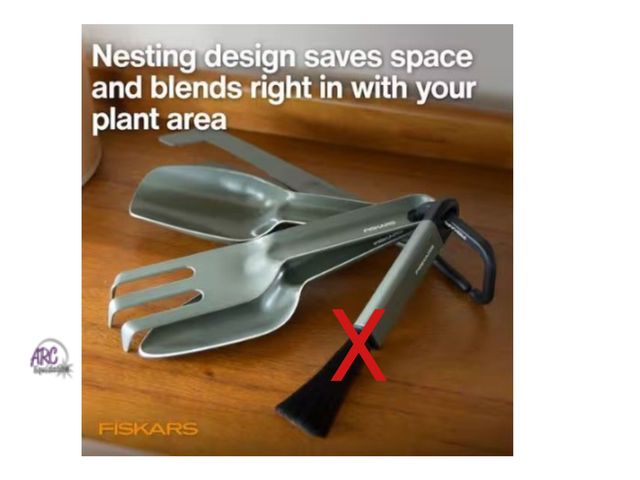 Lot 56-403265 - New Open Package - Missing Brush - Fiskars - Indoor and More 4-Piece Garden Tool Set