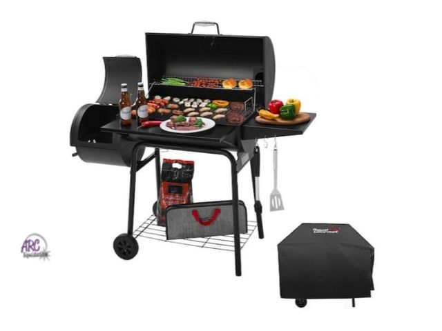 Lot 56-759661 - New in box Charcoal Grill with Offset Smoker and Side Table in Black plus a Cover