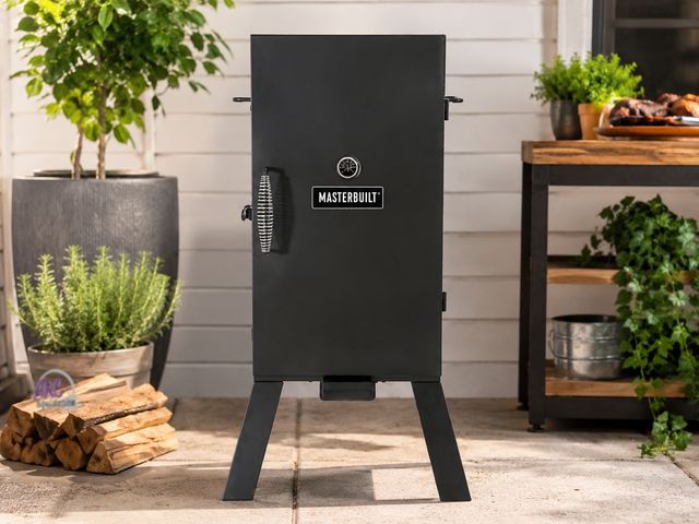 Lot 56-786064 - New in box. Dent on door. Masterbuilt 30 in. Analog Electric Smoker in Black with 3 Racks. Door shut...