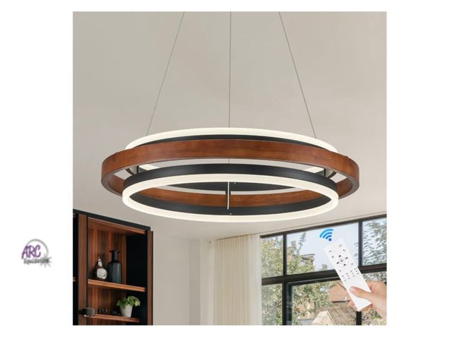 Lot 56-150150 - New in Box Benkut Wooden LED Chandelier Farmhouse Walnut Color 24" Round Pendant Light, Dining Room ...