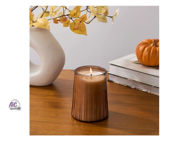 Lot 56-116924 - New Better Homes &amp; Gardens Farm Apple Pumpkin Scented 1-Wick 16.1oz Ribbed Jar Candle