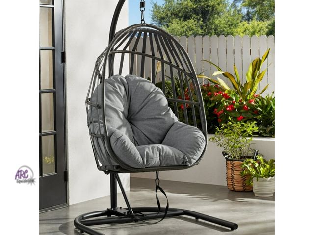 Lot 56-784112 - New and assembled.Mainstays Outdoor Wicker Patio Hanging Egg Chair, Gray. Parts of the plastic wicke...