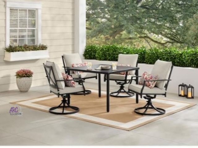 Lot 56-785475 - New in box./ Missing table legs. Retail $649. Hampton bay Cookson Black 5-Piece Metal Outdoor Dining...