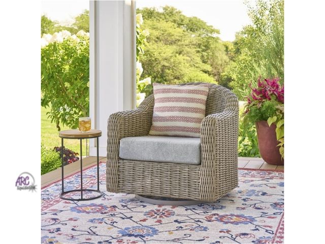 Lot 56-762251 - New in box. Better Homes &amp; Gardens Bellamy Outdoor 1pk Swivel Glider Chair, Gray Wicker/Gray Cus...