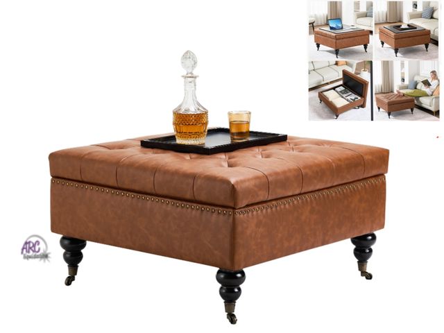 Lot 56-649751 - New In box - 31 in. Square Leather Ottoman with Storage, Upholstered Tufted Button Coffee Table Otto...