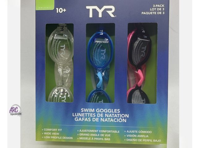 Lot 56-335661 - New in box TYR Junior Swim Googles, 3-pack, Pink, Purple &amp; Gray Shatter Resistant UV Protec