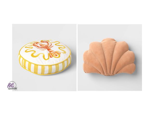 Lot 56-191519 - New Lot of 2 20"x15" Shell Outdoor Novelty Plush Pillow, Peach 16" Lobster Round Outdoor Throw Pillo...