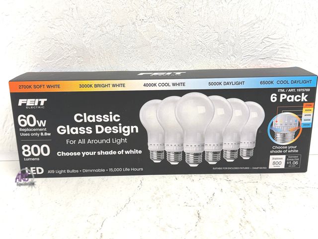 Lot 56-453340 - Used in box Feit electric 60w choose your own shade of white 800 lumens led 5 pack