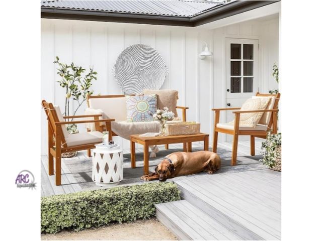 Lot 56-784964 - New in box. Chillrest 4-Piece Acacia Wood Patio Conversation Set with Cream Cushion. Comes in 2 boxe...