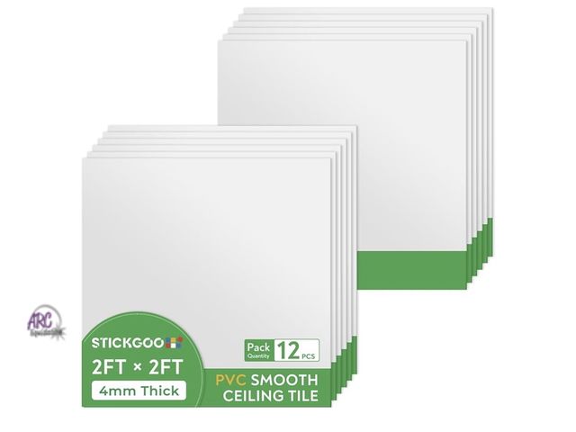 Lot 56-268650 - New STICKGOO Smooth Drop Ceiling Tiles 2ft x 2ft, PVC Ceiling Tile 24 x 24in - Waterproof, Fire-Rate...