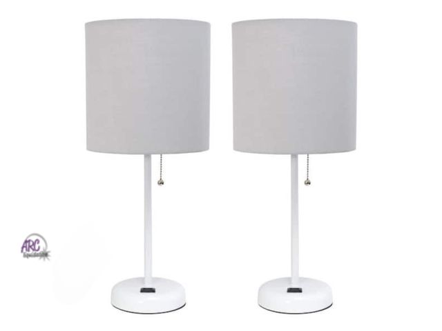 Lot 56-585798 - NEW- LOT OF 2-19.5 in Grey and White Stick Lamp with Charging Outlet and Fabric Shade