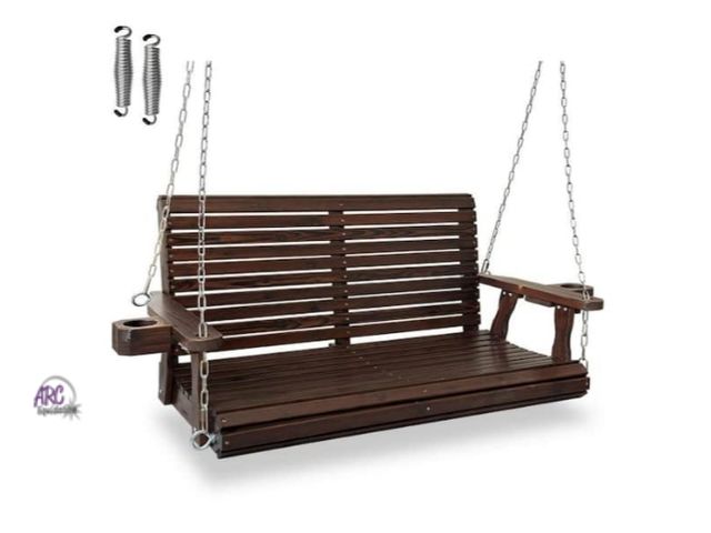 Lot 56-780738 - 4 ft. Outdoor Wood Porch Swing with Cup Holders, Adjustable Hanging Chains and Spring Hooks, Deep Br...