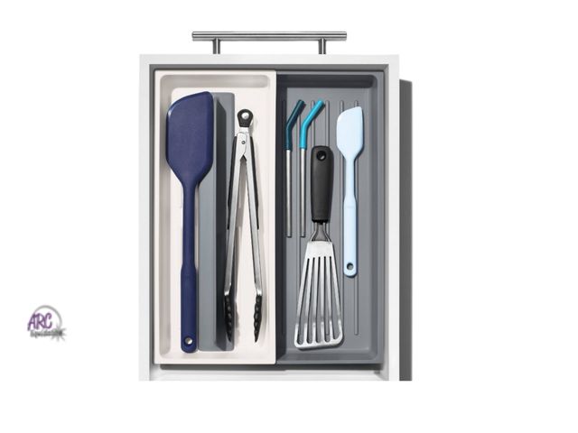 Lot 56-381127 - New, OXO Long Handled Tool Organizer: Utensil &amp; Kitchen Drawer Storage, White/Gray, Hand Wash, T...