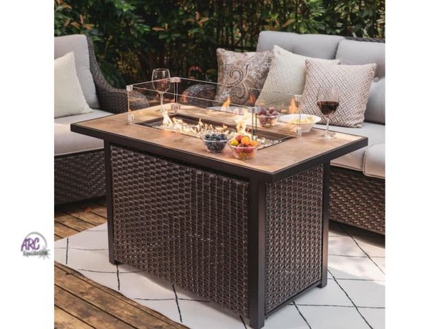 Lot 56-637464 - New Sealed box Retail $398 - 43 in, 50,000 BTU Brown Rectangle Wicker Outdoor Propane Gas Fire Pit T...
