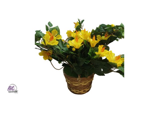 Lot 56-544317 - NEW-hibiscus faux flowers in hanging wicker basket-20" high