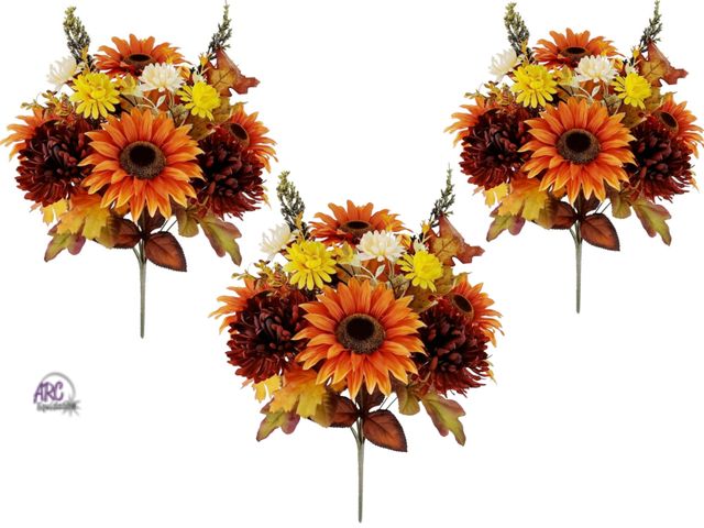 Lot 56-796024 - New lot of 3. Mainstays 18.5in Indoor Artificial Orange Sunflower and Mum Bouquet.