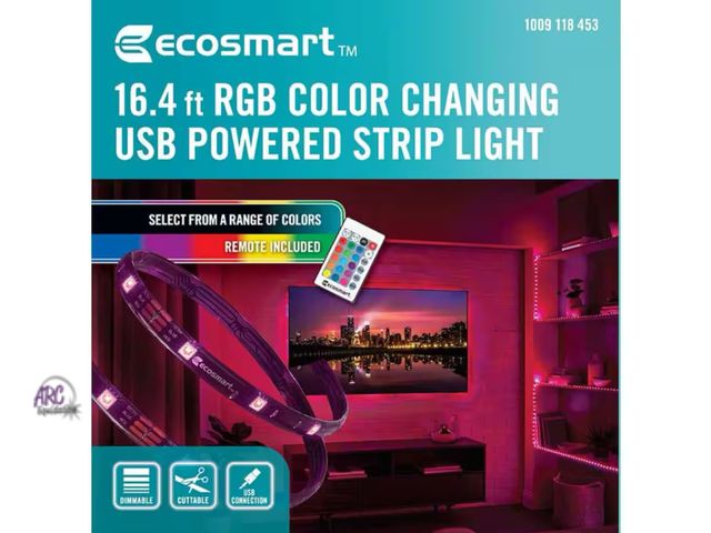 Lot 56-401665 - New in Box - EcoSmart - 16.4 ft RGB COLOR CHANGING USB POWERED INTEGRATED LED Strip Light