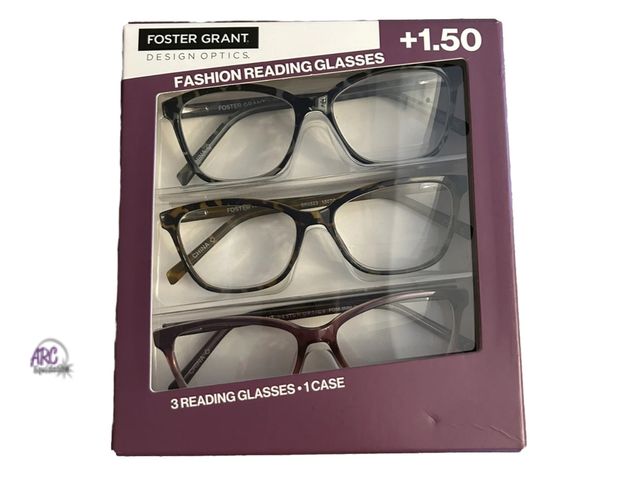 Lot 56-539517 - NEW-TORN BOX-Design Optics by Foster Grant Kiersey Plastic Square Reading Glasses 3 Pk +1.50
