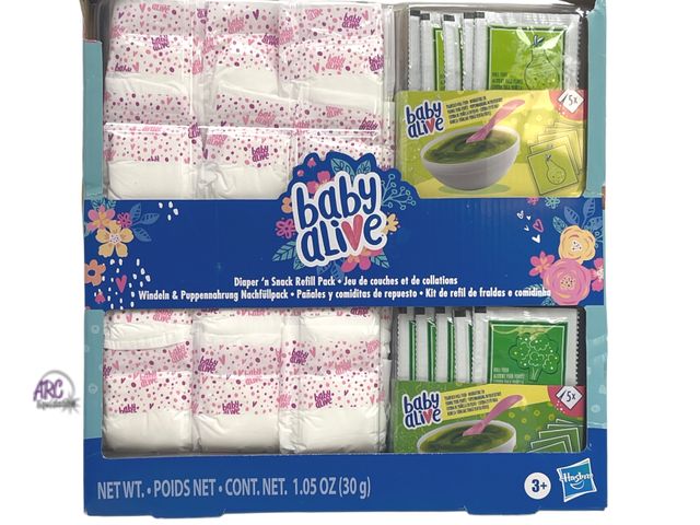 Lot 56-292230 - NEW Baby Alive Diaper 'n Snack Refill Pack HASBRO 10 food packets and 14 diapers