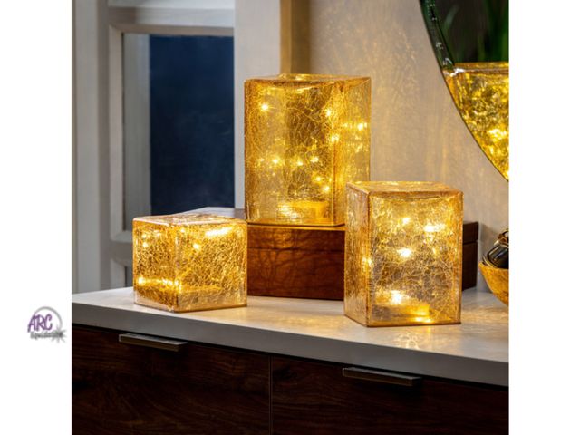 Lot 56-265950 - New in box tested and works Evergreen LED Glass Cubes and Spheres Towers, Set of 3, Assorted Designs