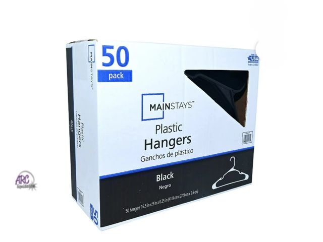 Lot 56-611624 - New sealed Mainstays Plastic Notched Adult Hangers for Any Clothing Type, Rich Black 50 Count