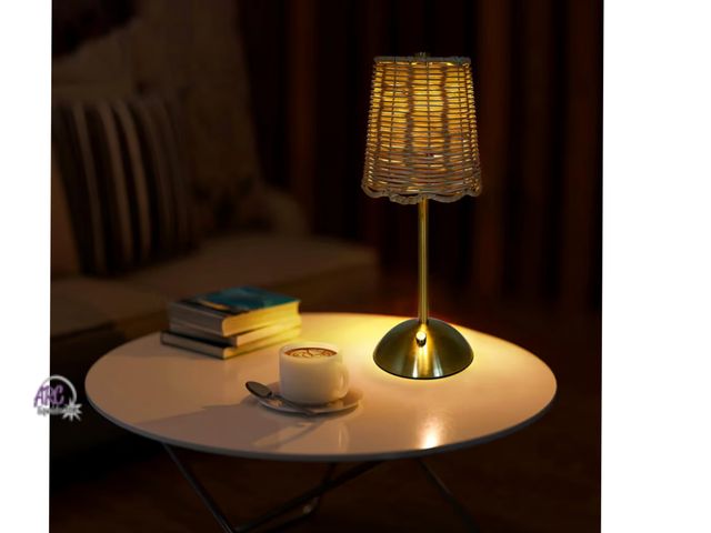 Lot 56-356924 - New, Cordless Rattan Gold-Tone Indoor Table Lamp with Touch Dimmer LED Portable Lamp for Home Decor