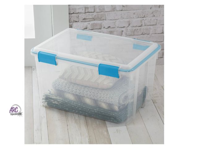 Lot 56-119224 - New Sterilite 54 Quart Gasket Box, Weather Resistant Clear Storage Bin with Latch Lid, Blue