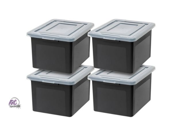 Lot 56-541217 - NEW-SOME CRACKS ON LID-LOT OF 4-BLACK BINS-CLEAR LIDS 15"x12"