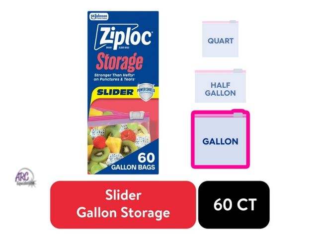 Lot 56-127624 - New Ziploc Storage Slider Gallon Bags, Power Shield Technology, Expandable Bottom, 60 Count
