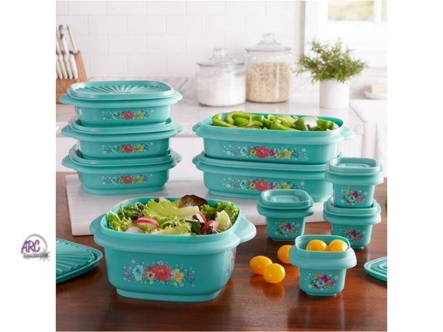 Lot 56-792225 - New The Pioneer Woman 20-Piece Food Storage Set with BPA-Free Plastic Containers and Lids, Breezy Bl...