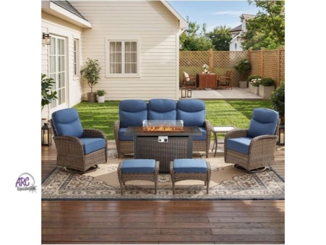 Lot 56-771751 - New in box. Moonridge 7-Piece Brown Wicker Fire Pit Conversation Set with 6 In. Olefin Blue Cushions...