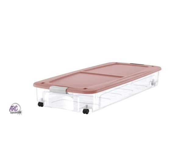 Lot 56-385912 - New,Bella Storage Solution 68 Quart Underbed Locking Hinged Lid w 360 Degree Swivel Wheels Clear Bas...