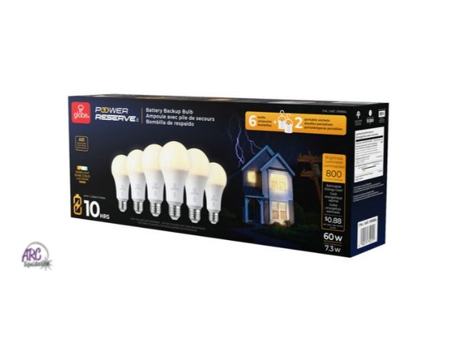 Lot 56-747050 - New in box. Globe Electric Power Outage 60W Bulb, 6-count bulbs and 2 portable sockets