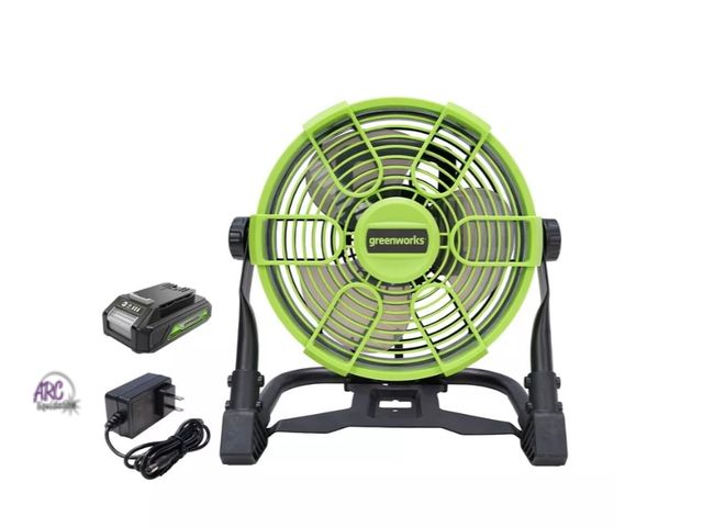 Lot 56-715315 - New Tested and works Greenworks POWERALL 24V 10" Cordless Hybrid Utility Fan Kit: Portable 5-Speed A...