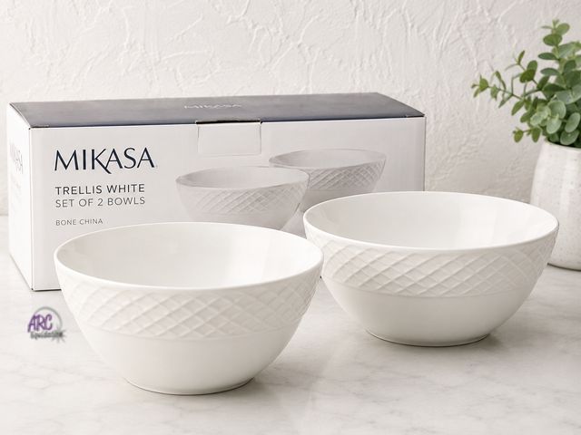 Lot 56-339561 - NEW Set of 2 Mikasa Trellis White Bone China Bowls 6 1/4 in diameter holds 26oz Not in original box